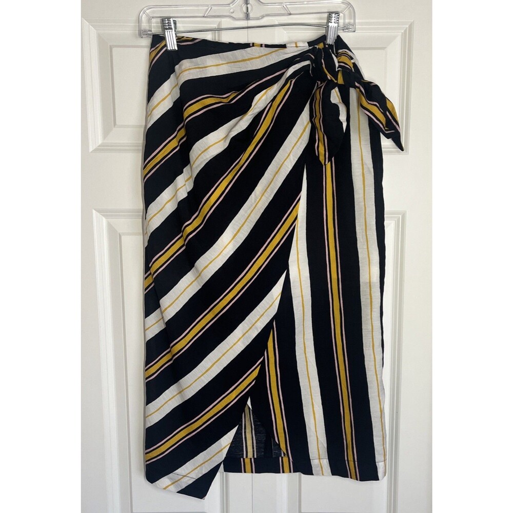 Banana Republic Womens Size 4 Striped Navy White Gold Faux-Wrap Tie Midi Skirt - Picture 2 of 11